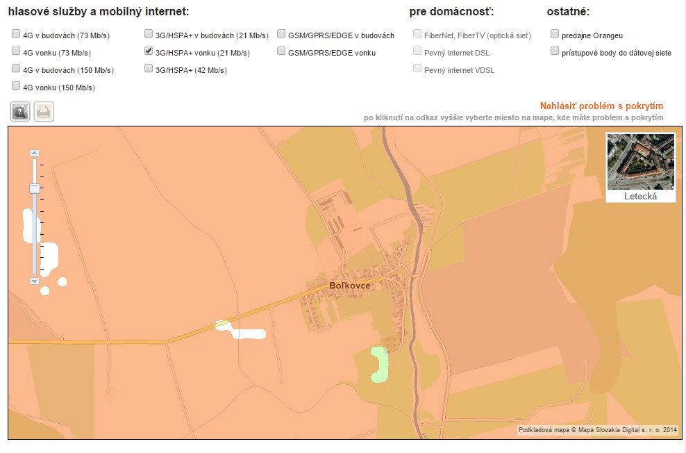 Mapa pokrytia v Boľkovciach ukazuje plné pokrytie 3G signálom