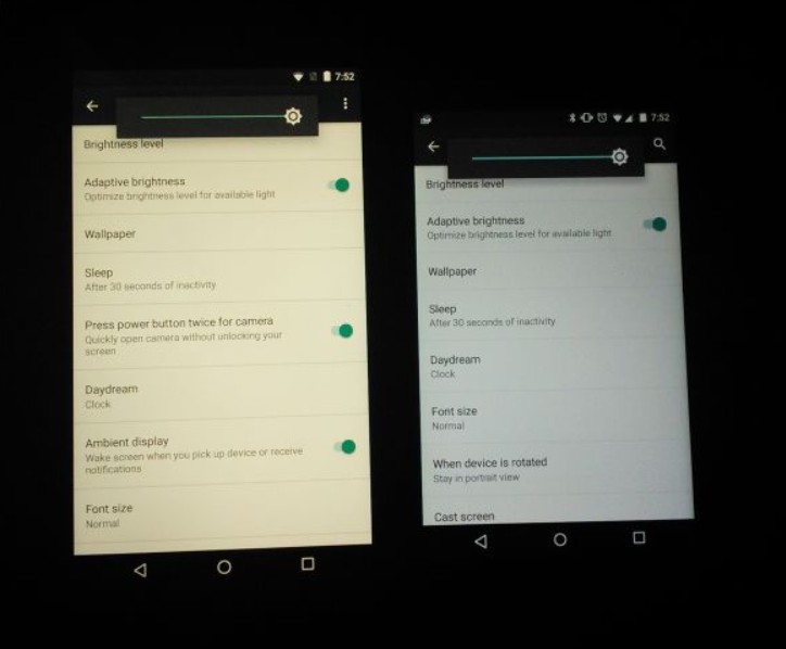Vľavo žltý nádych displeja LG Nexus 5X